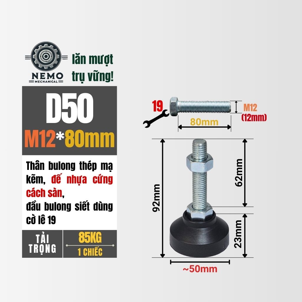 Chân Tăng Chỉnh Đế Nhựa Cứng – Giải Pháp Cân Bằng & Chống Rung (M10, M12, M16)